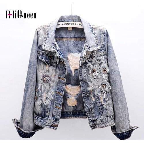 2021 Autumn Women Heavy Stereo Pink Embroidered Hole Denim Jackets Student Basic Jeans Coats Streetwear Sequin Jacket Plus Size