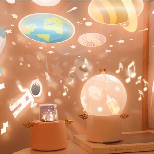 Strange Gift Guardian Angel Projection Lamp USB Rechargeable Starry Sky Rotating Music Box Night Light Holiday and Birthday Gift
