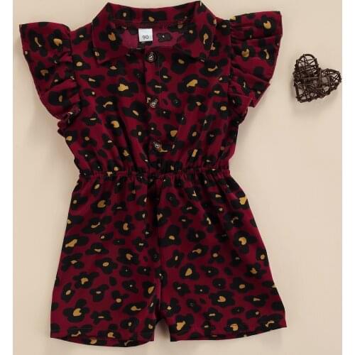Outfits Summer Toddler Jumpsuit Leopard Print Turn-Down Collar Ruffed Sleeves Slim-Waist Short Rompers