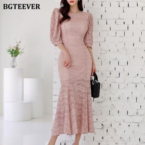 BGTEEVER Fashion Puff Sleeve Mermaid Lace Dress for Women 2021 Elegant O-neck Slim Women Package Hip Midi Vestidos