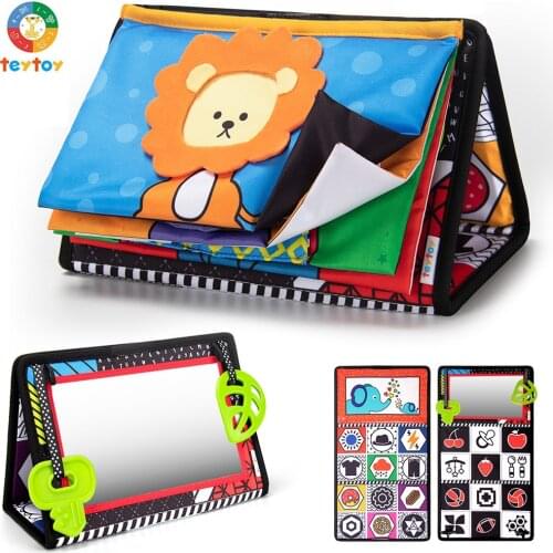 Teytoy Tummy Time Floor Mirror with Crinkle Cloth Book and Teethers for Baby Toys, Developmental Montessori Sensory Crawling Toy