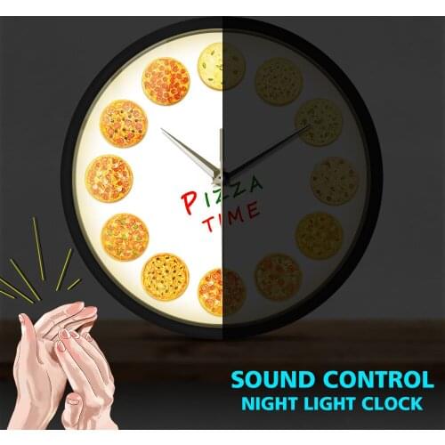 Italian Food Wall Clock with LED Time For Different Tastes Pizza Voice Control Watch Italy Restaurant Kitchen Decor