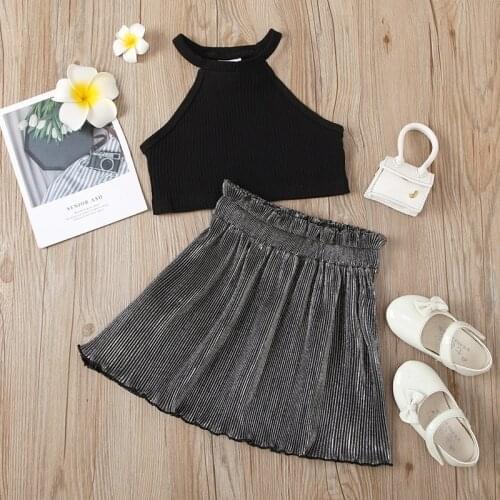 Toddler Girl Clothes 2021 Summer New Girls Hanging Neck Crop Top + Lace Pleated Skirt Suit Kids Boutique Clothing Wholesale