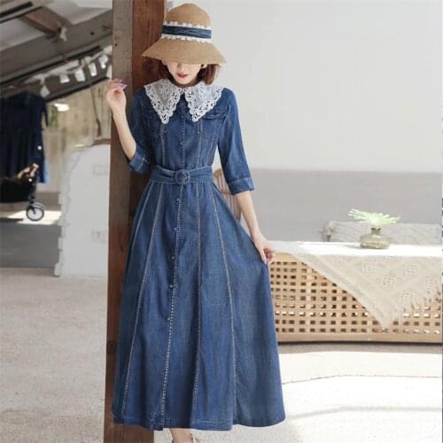 Autumn Denim Dress Q2210 Spring Boho New Women Dresses Turn-down Collar Lace Floral Half Sleeve Belted Vintage Vestidos
