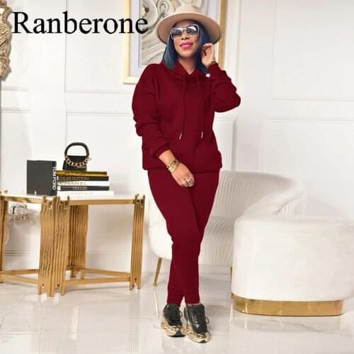 Ranberone Autumn Solid Color Hooded Sweater Set Womens Tracksuit Hoodie And Pants Casual Sport Suit Winter 2 Piece Set 2021