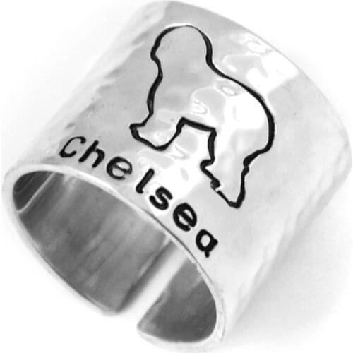 Personalized Hammered Old English Sheepdog Ring, Engraved Hand Stamped Cute Dog Wide Band Ring Custom Dog Adjustable Ring