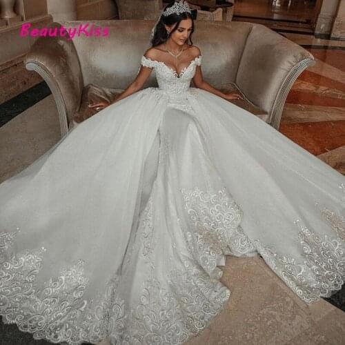Mermaid Lace Wedding Dresses with Detachable Train Elegant Off The Shoulder Appliqued Bridal Gowns Vintage Arab Wedding Dress
