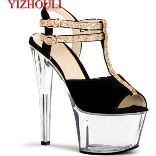 Professional build sexy glitter shoe buckles sandals 17cm high heels big party shoes