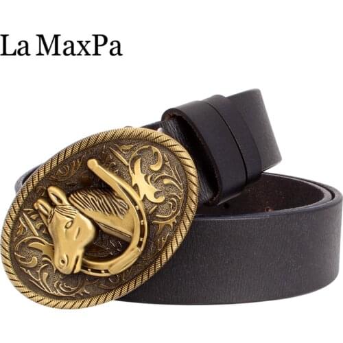Fashion men belt Horse buckle belt golden horse head pattern horseshoe cow skin leather belt cowboy accessories