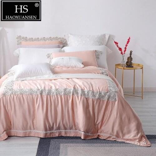 Luxury Soft Breathable 100% Tencel Lyocell Bedding Sets Lace Design Jade Bedclothes Queen King Size 4 Piece Princess Bed Set