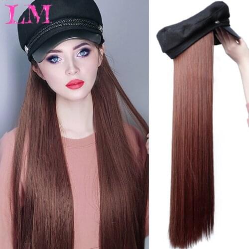 LM Synthetic Long Straight Wavy Wigs with Beret Hat Navy Hat Knitted Hat Fashion Autumn Winter Cap Hair Wig Hair Extensions