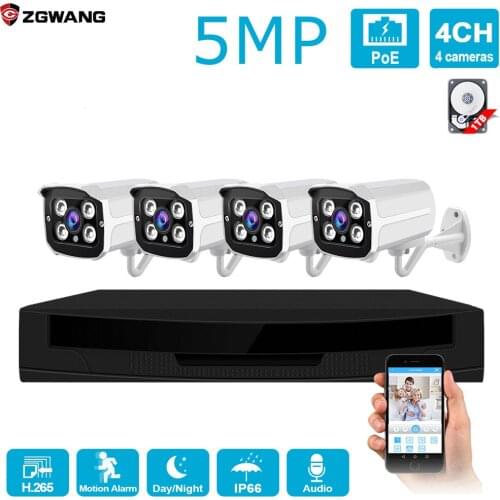 H.265 4CH 5MP POE IP CCTV Security Surveillance System Kit Outdoor 1080p Waterproof P2P Home HDD Onvif Audio Video NVR Camera