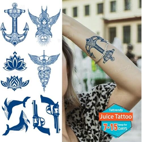 Juice Ink Lasting Tattoo Blue Waterproof Small Hand Arm Sleeve Tattoo Temporary Water Transfer Anchor Angel Wing Fox Gun Rose