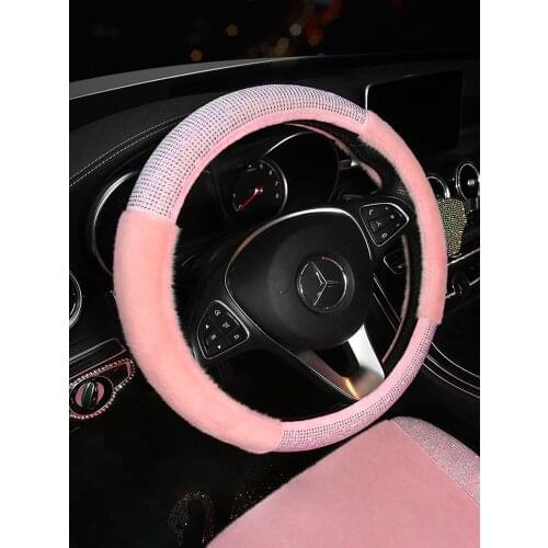 Rhinestone Bling Car Steering Wheel Cover Winter Warm Plush Handle Cub Case For Women and Girls Interior Accessories Pink Red