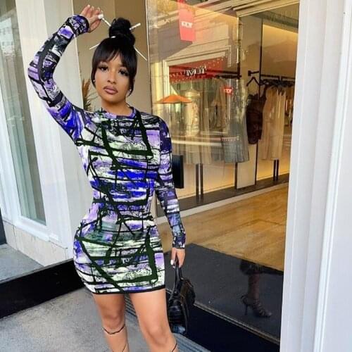 Streetwear Women Printed Long Sleeve Dress Festival Clothing Spring Night Club Sexy Bodycon Dress Skinny Dresses for Women Party