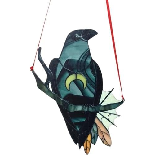Crow Witch Stained Suncatcher Black Bird With Moon Necklace Decorative Window Wall Hanging Ornament Glass Garden Figurines