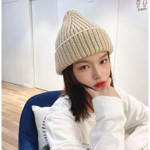 H3574 Women Beanie Knitted Hat Autumn Winter Korean Thick Warm Cute Japanese Skullies Cap Female Solid Color Casual Student Hats