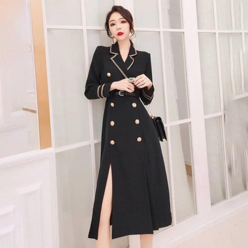2020 Spring Autumn Fashion Womens Suit Collar Striped Patchwork Black Trench Coat , Long Windbreaker Coats for Woman