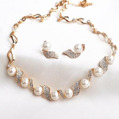 USTAR NEW Women Wedding Jewelry Sets with Crystals Rose Gold color Simulated Pearl Necklace Stud Earrings Anniversary gift