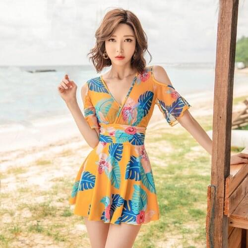 Short Sleeve Flounce V Neckline Sexy Swimwear Women One Piece Bathing Suit Monokini Swimsuit With Skirt Plus Size Beach Wear