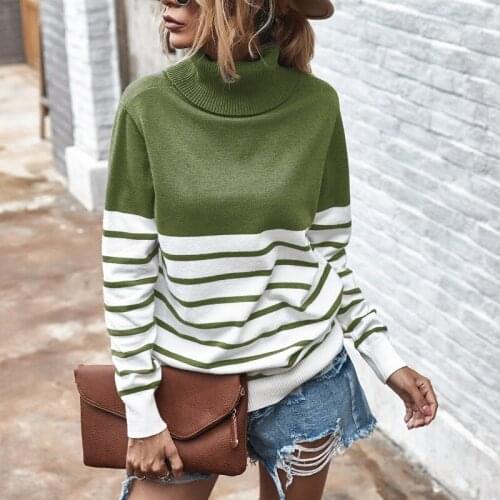2021 New Autumn Winter Knitted Women Sweater Turtleneck Striped Color Patchwork Long Sleeve Loose Sweaters