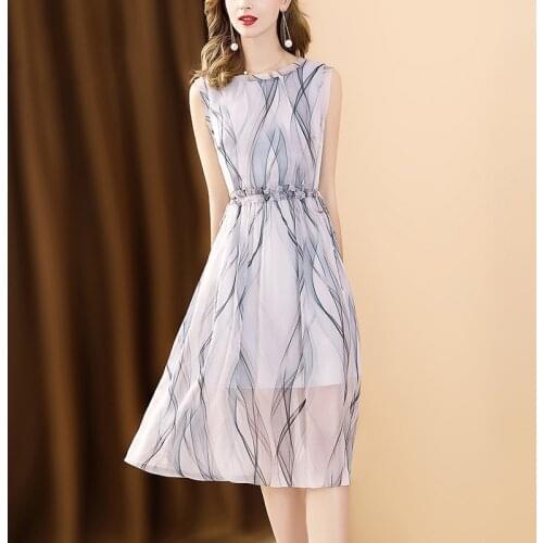 2021 Summer Silk Sleeveless Dress Women Chiffon Stripe Printed Slim Elegant A-Line Party Dresses Sashe Vacation Ladies Dress