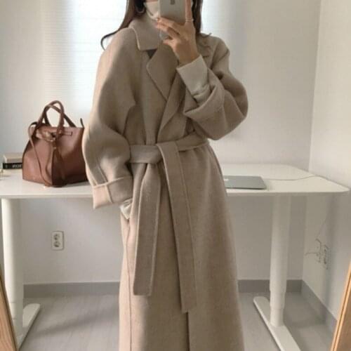 Women Korean Chic Wool Coat New Autumn Winter Long Sleeve Turn Down Collar Long Woolen Coats Ladies Elegant Streetwear Outwear