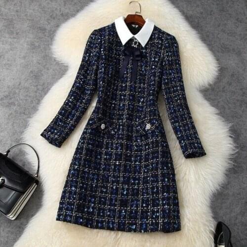 2020 Runway Designers Fashion Turn Down Collar Bowknot Plaid Tweed Woolen Dress Autumn Winter Woman Clothes Casual Vestidos