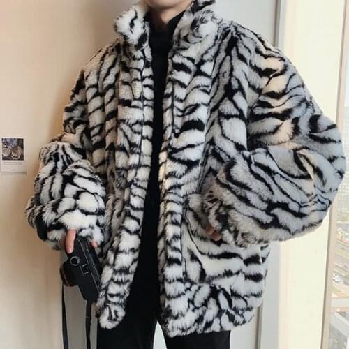 Winter Boyfriend Style Faux Fur Tiger Pattern Coat Jacket Fashion Loose Warm Coat Streetwear Thicken Outwear Oversize