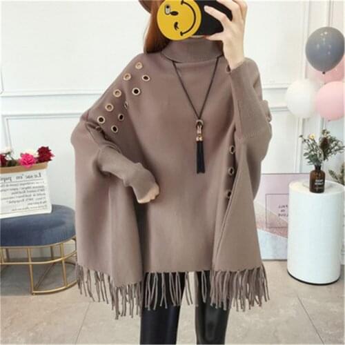 2021 Bat Sleeve Loose Sweater Turtleneck Cloak Jacket Autumn Winter New Sweater Womens Hedging Tassel Shawl