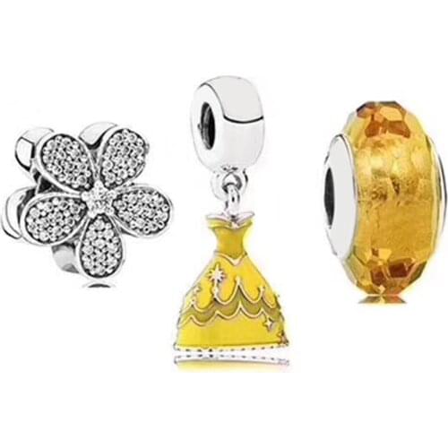 NEW 100% 925 Sterling Silver 1:1 Original Daisy Charm Golden Flashing Glass Beads Princess Dress Pendant Set Gift Jewelry
