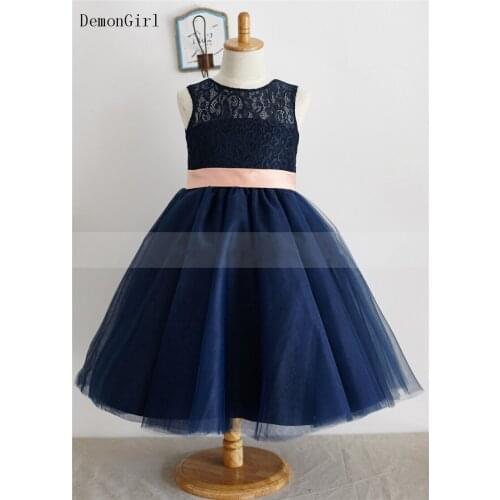 Custom Navy Blue Lace Tulle Flower Girl Dress Keyhole Back Knee Length Children Birthday Dress Photo Shoot