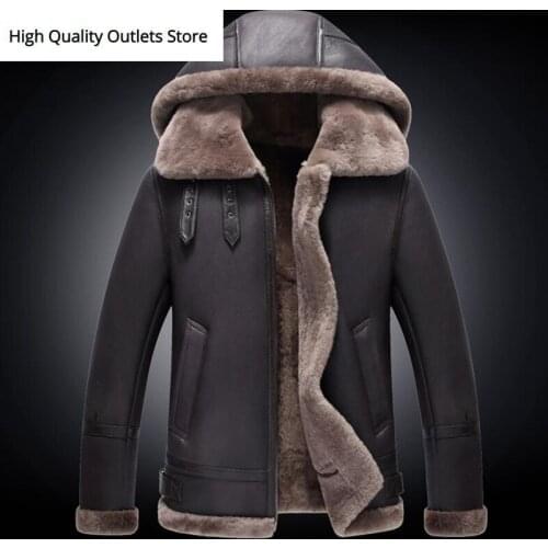 Men real leather jacket fur genuine leather coat winter coldproof sheepskin jackets detachable hood shearling leather coats