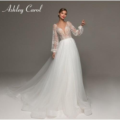 Ashley Carol A-Line Wedding Dress 2021 lantern Sleeve Sexy V-neckline Bride Dresses Beaded Backless Tulle Beach Boho Bridal Gown
