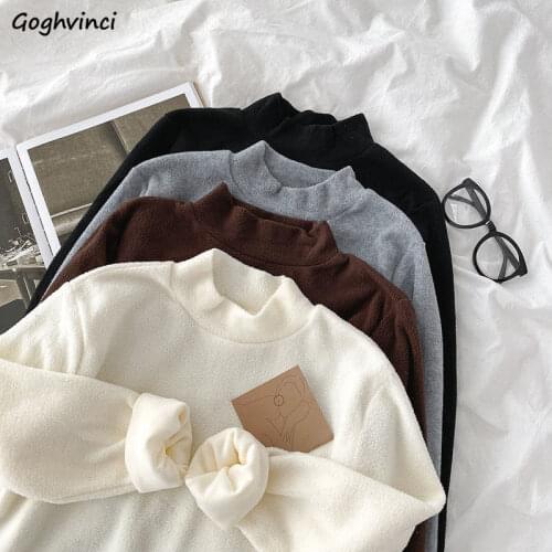 Women Long Sleeve T-shirts Half-turtleneck Solid Simple Basic Fleece Warm Soft Korean Fashion Casual All-match Daily Office Lady