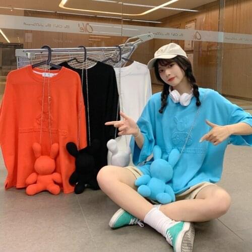 Free Rabbit Bag Bump Letter Rabbit T-shirt Female Solid Color Short-sleeved Half-sleeved Mid-length Top Oversized T-shirt Blouse