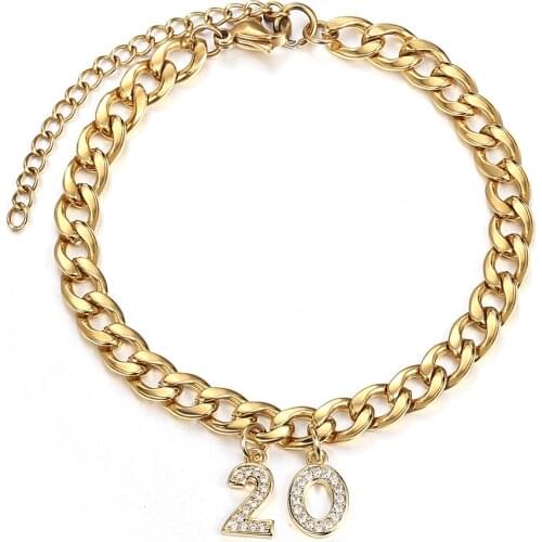 Customized Number Bracelet for Women Gold Color Stainless Steel 6mm Curb Link Chain CZ Lucky Age Year of Birth Gift LDB302