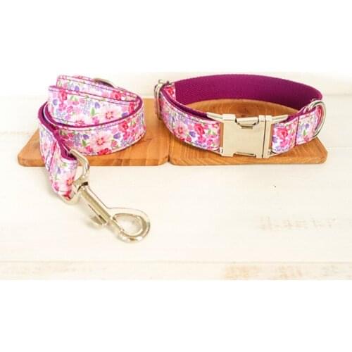 Quality Dog Collar with Flowers Custom Name&Tel Purple Floral Pet Collars with Walking Lead Cute Female Dog Collars