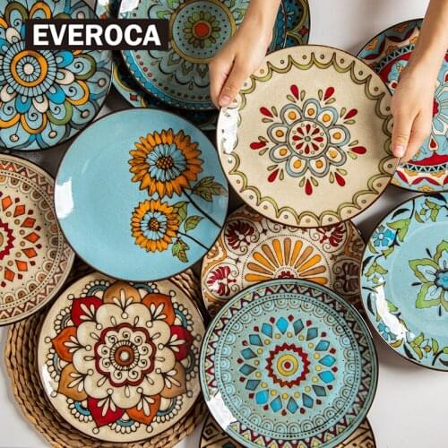 Ceramic Tableware 8.5 Inch Retro Handmade Literary Flower Pattern Round Plate Breakfast Steak Pasta Main Disc Kitchen Supplies