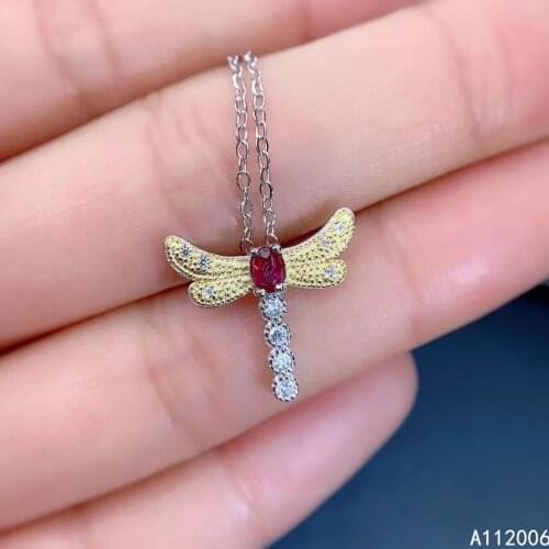 KJJEAXCMY fine jewelry 925 Silver inlaid Natural ruby Gemstone popular necklace ladies dragonfly pendant support check