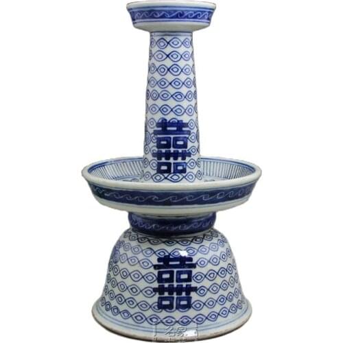 Antique antique collection of blue and white porcelain of Ming and Qing Dynasties Double Happiness candlestick Handmade Home