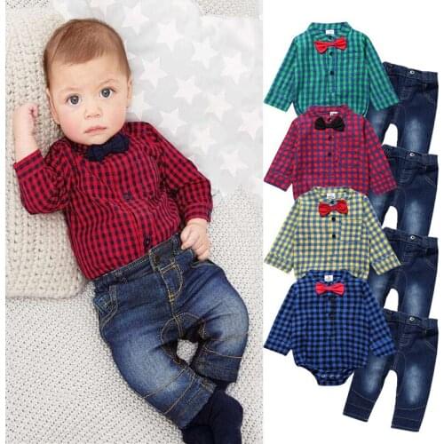 Gentleman Plaid T-Shirt+Jeans Toddler Kid Bodysuit Set New Wholesale For Baby Boy For Newborn Romper Clothes Set Infant 6-24M