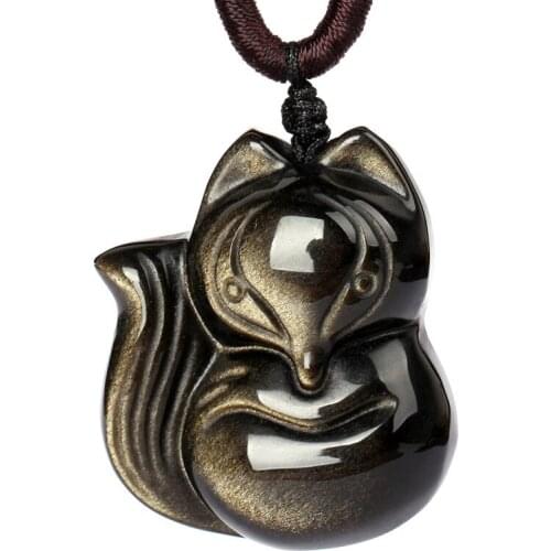 Natural Stones Golden Obsidian Fox Pendant Free Necklace Black Obsidian Transfer Lucky Crystal Jewelry Energy Stone Gift