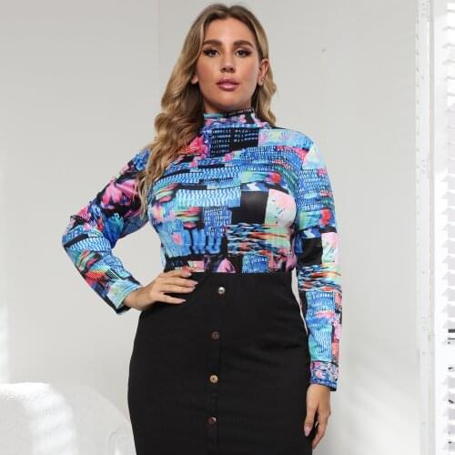 2021 Autumn Women Tops Plus Size Female Turtleneck Long Sleeve Retro Printing Casual Blouse Slim Ladies Tops