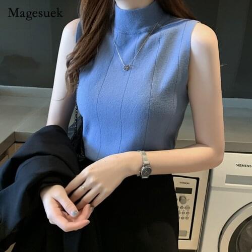 Autumn Winter 2021 New Half High Neck Shirt for Women Solid Slim Thin Sleeveless Knit Sweater Elegant Casual Blouse Blusas 15664