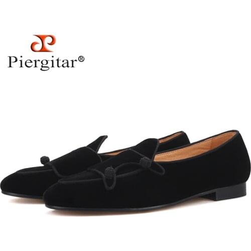 Piergitar 2019 handmade black colors men velvet shoes Party and wedding men dress shoes plus size mens loafers smoking slippers
