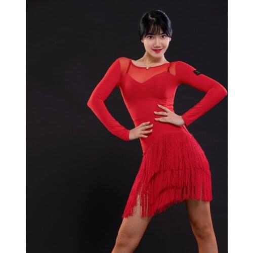 Long Sleeve Latin Dance Dress Women Tassel Tango ChaCha Competition Costume Prom Performance Stage Clothing Practice Wear YS1778