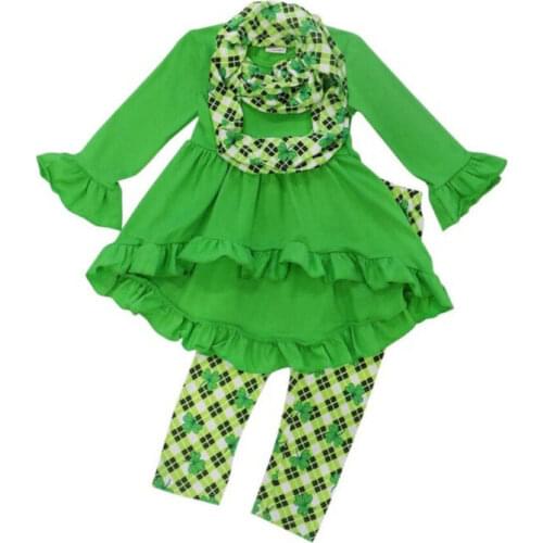 Pudcoco 3PCS Kids Baby Girl Clothes Set Long Sleeve Tops Mini Dress+Print Clover Pants+Scarf Casual Party Cotton Kids Outfits