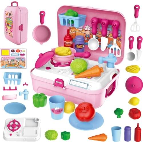 2020 Girls Boys Birthday Xmas Gift Cooking Game Sound Light Juguetes Backpack Pretend Play Kitchen Toys Set for Kids Storage Box
