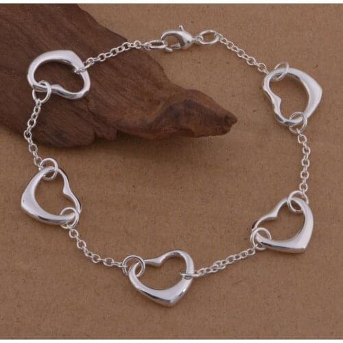 Silver Plated Five Heart Chain Bracelet Womens Charm Wedding Engagement Fashion Party Jewelry Love Pendant Bracelet